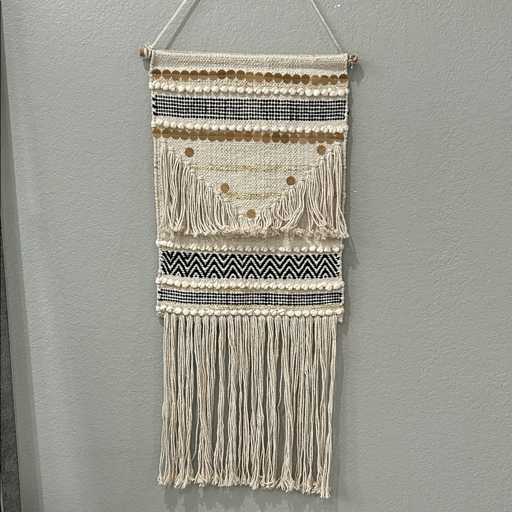 Boho Cream and Black Fringe Wall Hanging